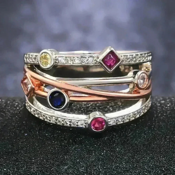 Gorgeous 14k Rose Gold Sterling Silver Diamond Multi Precious Stone Ring - Picture 2 of 8